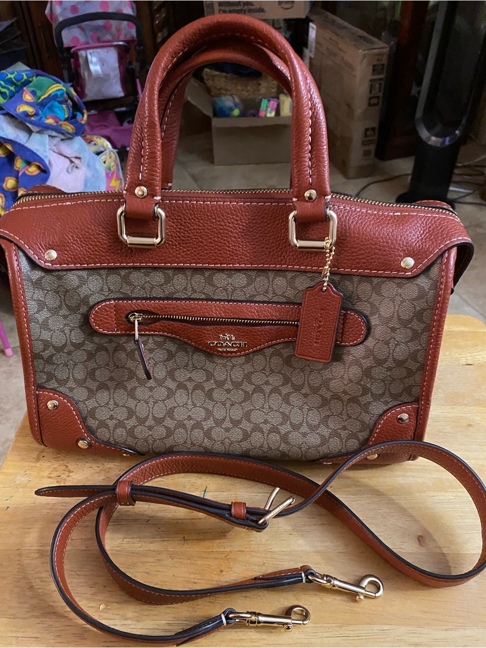 Coach Millie Satchel in Colorblock Signature Canvas with rust/terracotta leather